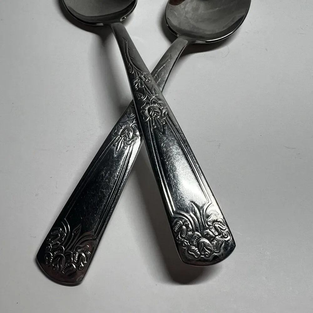 Lot of 2 Vintage International Stainless USA Rose Lace Oval Soup Spoons 7 1/8
